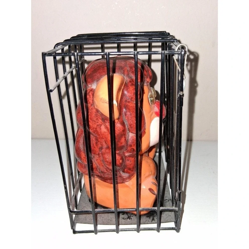 Vintage Taiwan Ceramic Lion Coin Bank in Locked Cage 
